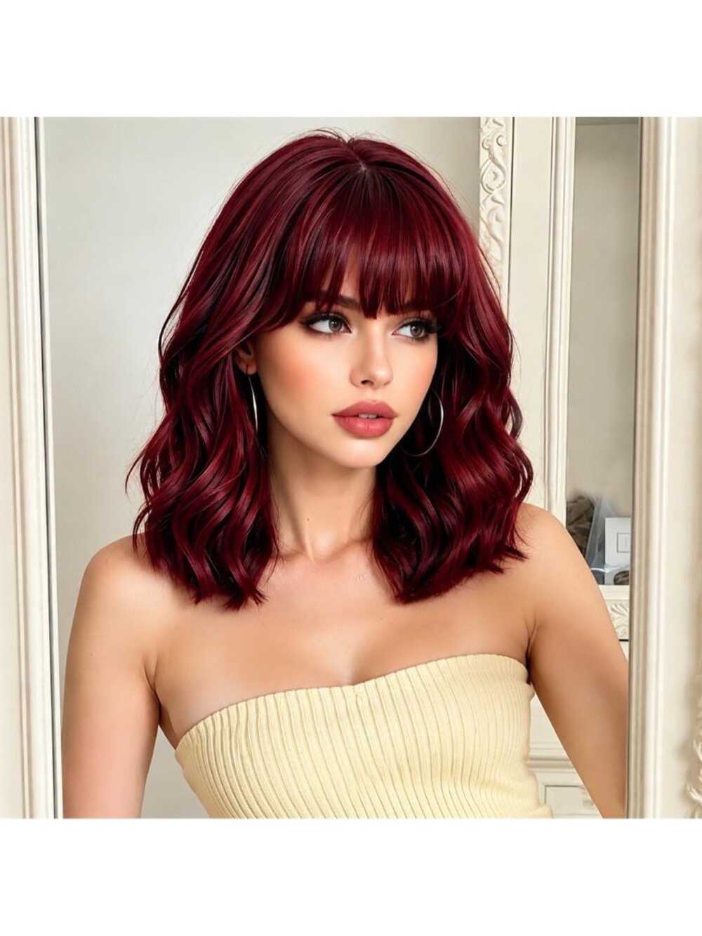 Women's Burgundy Wine Red Wavy Synthetic Shoulder Length Sweetie Bob Wig Bangs